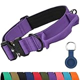 Joytale Heavy Duty Dog Collar with Handle, Adjustable Tactical Military Nylon Collar with Quick Release Metal Buckle for Large Dogs Walking Training, Soft Lining, Dual Rings, AirTag Case, L, Purple