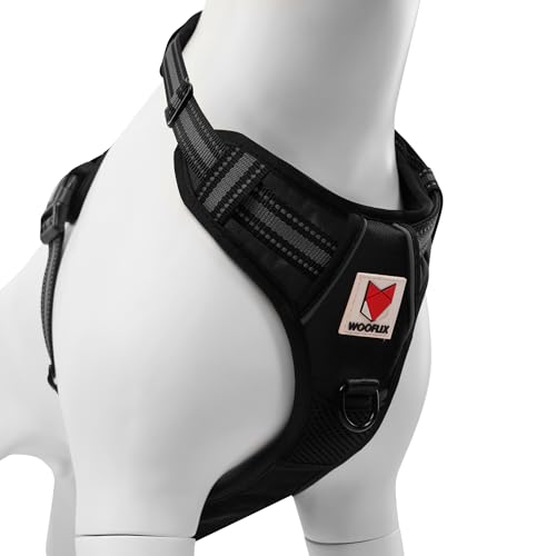 Image of Wooflix Heavy Duty Reflective Dog Harness for Medium Sized Breed Dogs - No Pull, No Choke Harness for Dog with Adjustable Chest Belt with Soft Padded Handle | Black - Size: Medium (10kg to 22kg Dog)