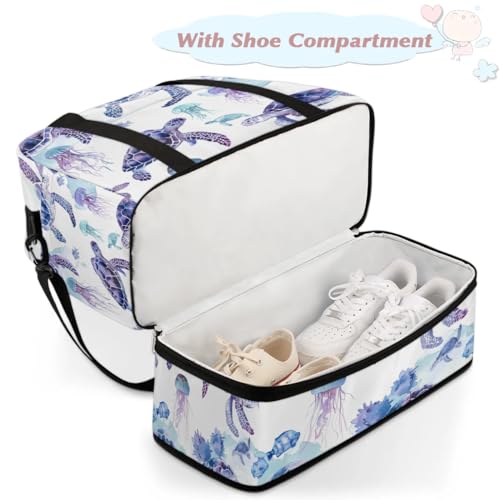 Travel Duffel Bag with Shoe Compartment, Turtle Jellyfish Shoulder Weekender Bags for Women, Foldable Waterproof Travel Bag Carry on Bag4