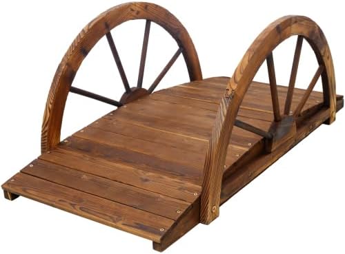 LuckyNote】3.3ft Wooden Garden Bridge Arc Footbridge with Half-Wheel Style Railings & Solid Fir Construction, Stained Wood 39.5x19.2x14.7 Inch, 330 lbs Weight Capacity