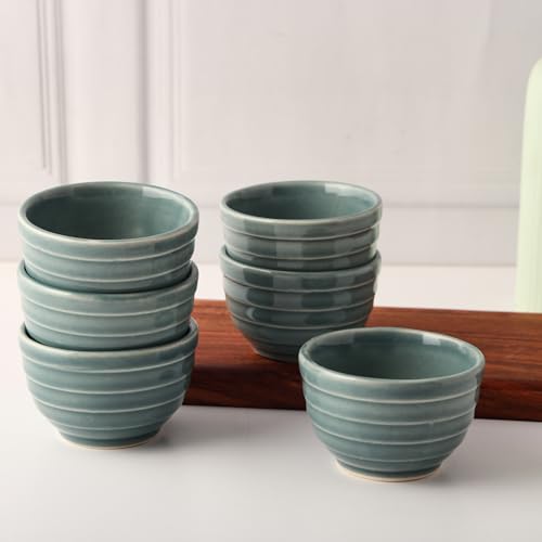 Image of Ceramic Set of 6 Bowls 180ml | Microwave & Dishwasher Safe | Serve Side Dishes, Snacks, Dals, Dessert, Rice & Pudding, Nuts or Dip | Modern Gloss Finish - Sea Green