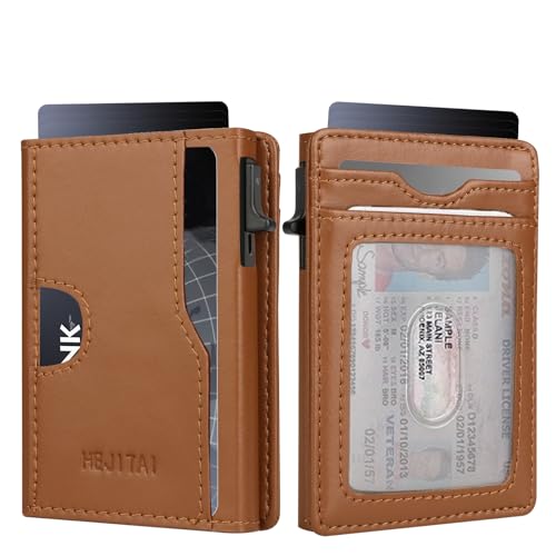 HEJITAI Slim Wallet for Men, RFID Blocking Credit Card Holder Wallet with Cash Pocket, Minimalist Pop Up Mens Wallet with Gift Box, Brown