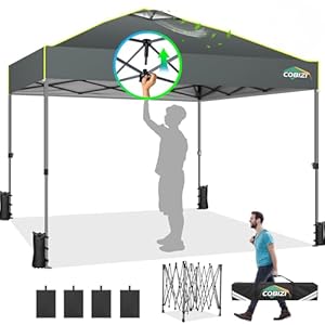 Cobizi canopy 10×10 pop up canopy tent 1 button push easy up outdoor canopy instant portable commercial shelter waterproof upf50 gazebo with reflective strip air vent 4 sandbagsgrey  urban country home decor