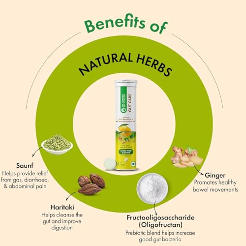 Image of Dr. Vaidya's Gut Care Effervescent Tablets | Helps reduce bloating & acidity, improves digestion, promotes gut health & regulates Bowel movement | Jeera, Ajwain, Saunf | Prebiotic & Probiotic Blend with healthy gut microbiome 15 Tablets (Pack of 4)