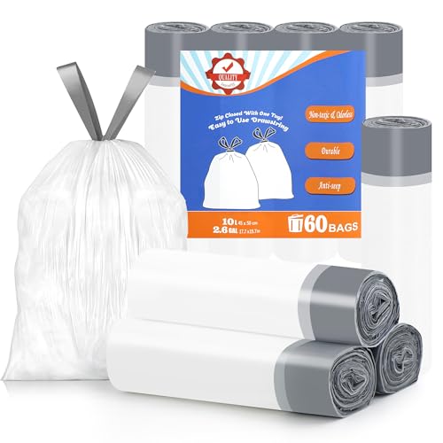 Sacchetti per la spazzatura con coulisse, 10 litri, con manico bianco, sacchetti per rifiuti alimentari, sacchetti per la spazzatura con coulisse, per cucina, bagno, ufficio, camera da letto, bidoni a