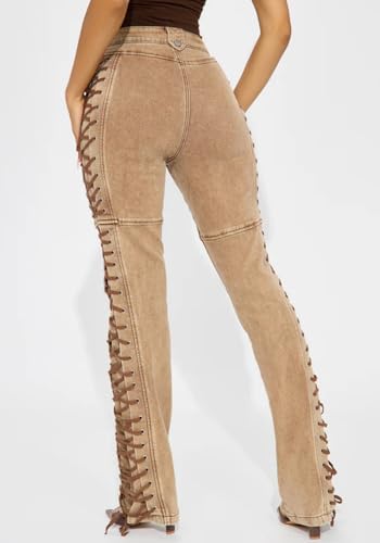 Women Straight Leg Jeans Casual Y2k High Waisted Lace UP Split Hem Jeans Slim Fit Trendy Denim Pants4