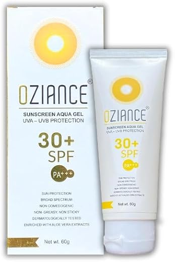 Oziance Sunscreen Aqua Gel, SPF 30+ PA+++, UVA-UVB Protection, Non-Greasy, 60g
