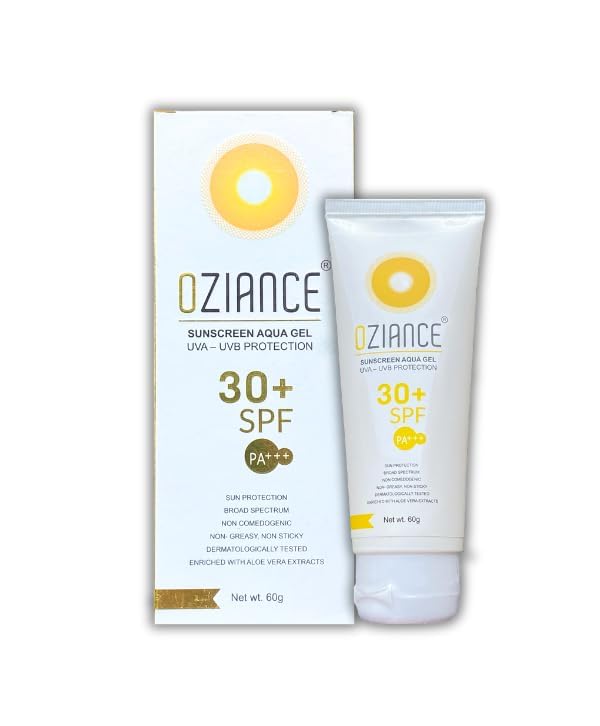 Oziance Sunscreen Aqua Gel, SPF 30+ PA+++, UVA-UVB Protection, Non-Greasy, 60g