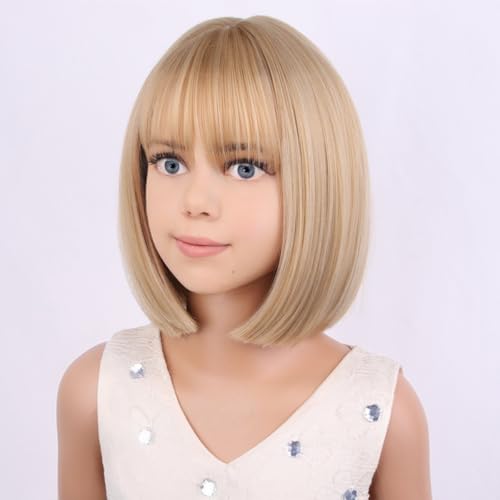 Image of PATTNIUM Kids Blonde Bob Wig Child Short Straight Mixed Blonde Wig for Girls Cosplay Party Synthetic Rose Net Daily Wear Wigs