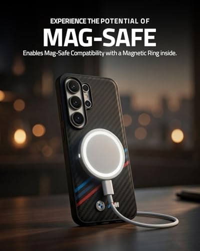 Image of CG MOBILE BMW [Official Licensed], Protective Case Designed for Galaxy S26 Ultra (2026)| Magnetic System PU Leather Texturized Case Tricolor Crossing Stripes & Metal Logos - Black