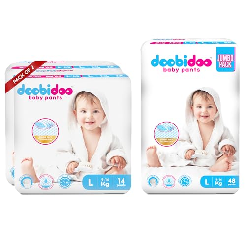 Image of Doobidoo Baby Diaper Pants with High Absorbency, Anti-Leak Side Cuffs, Cottony Bubble Soft, Rash-Free, Large Size (L) 9-14 Kg, Pack of 3, 76 Count