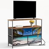 VETEB TV Stand with 5 Fabric Drawers Palm Trees Beach Maho Bay Dresser for Bedroom Wide Chest of Drawers Storage Organizer Unit with Open Shelves Power Outlet