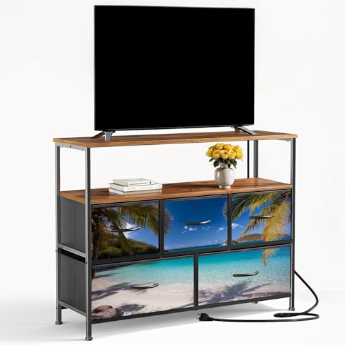 VETEB TV Stand with 5 Fabric Drawers Palm Trees Beach Maho Bay Dresser for Bedroom Wide Chest of Drawers Storage Organizer Unit with Open Shelves Power Outlet