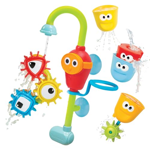 Image of Yookidoo Bay Bath Toddler Toys (Ages 1-3) - 3 Stackable Cups, Spinning Gears, Hose & Spout for Water Play - Mold Free - Suction Cups Attach to Any Bath Tub or Shower - Spin N Sort Spout Pro