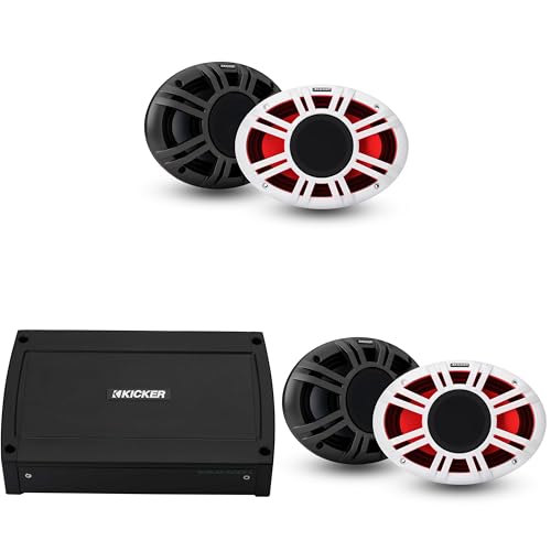 Kicker Marine 4 Ch Amp & (2 Pair) 6x9 LED KMXL Coaxial Speaker Audio Upgrade (48KXMA500.4, 48KMXL69)