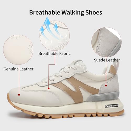 somiliss Sneakers for Women Genuine Leather Suede Patchwork Casual Lace Up Non-Slip Walking Shoes Comfortable Tennis Running Shoes Womens Fashion Sneakers Beige - Thumbnail 2