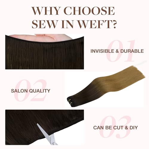 Image of GOO GOO Sew in Hair Extensions Real Human Hair, Weft Hair Extensions Human Hair, 1D /2C /4E Chocolate Dip Color Melt 22inch 110g, Weft Bundles Straight Silky Remy Hair