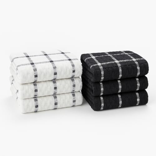 Rohi Paquete de 6 paños de cocina 100 % algodón, sin pelusa y absorbentes, con lazo para colgar, toalla de cocina duradera para secar, limpiar y limpiar, 45 x 66 cm, blanco y negro