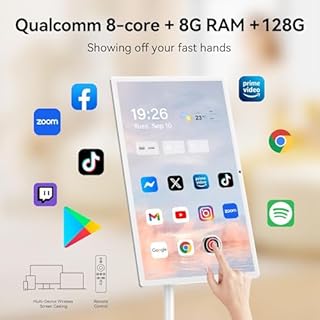 27-Inch Portable Smart TV on Wheels with Touch Screen Monitor | 8G RAM +128G Storage | 8-core CPU Qualcomm | Built-in 6-8H Battery | 8MP Webcam | Android 13 OS | Full Swivel Rotation | Remote Control