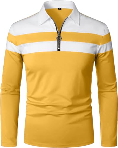 YTD Men's Long Sleeve Polo Shirts Quarter-Zip Casual Slim Fit Lapel Neck Basic Designed Cotton Shirts XXL Yellow