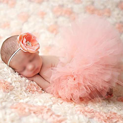 Cofashion Newborn Girls Photo Prop Outfit Girl Fluffy Peach Pink Tutu Skirt Flower Newborn Headbands + Infant Baby Angel Wings Feather - Baby Girls Photograph Clothes For Newborn Photo Shoot #TOP2