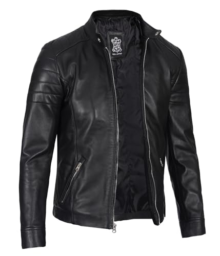 Image of Blingsoul Stylish Black & Brown Cafe Racer Leather Jacket For Men - Real Lambskin Leather Motorcycle Jacket Mens
