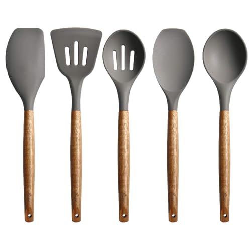 Kitchen Utensils Set, Silicone Cooking Utensils Set,Non-Stick Silicone Spatula Set with Natural Acacia Hard Wood Handle, 5 Piece, Upgraded Thickened Cookware
