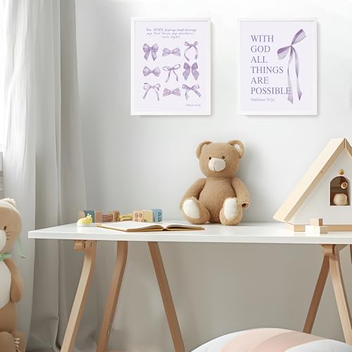 Image of LARTSFRO Coquette Purple Bow Wall Art Decor Posters, Purple Bow Christian Room Bedroom Bathroom Dorm Wall Art Decor for College Teen Girls Kids Gifts, Inspirational Bible Verses Bow Wall Decor, 10x8 Inch Set of 4 Pcs Bow Pictures (UNFRAMED)