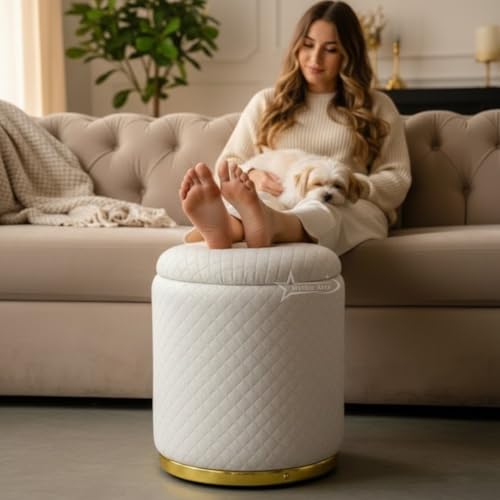 Image of Premium Round Storage Ottoman Stool 16 X 16X 19 inch, with Gold Metal Base | Luxury Pouffe with Hidden Storage | Cushioned Footrest for Living Room, Bedroom & Lounge Cream