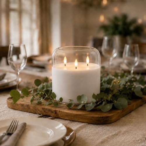 Image of Homemory 6 x 6 Inch Extra Large Flameless Candle, Clear Glass 3-Wick LED Pillar Candle, Pure White Real Wax Candle with Smooth Rounded Rim, Remote Control and Timer for Home Decor