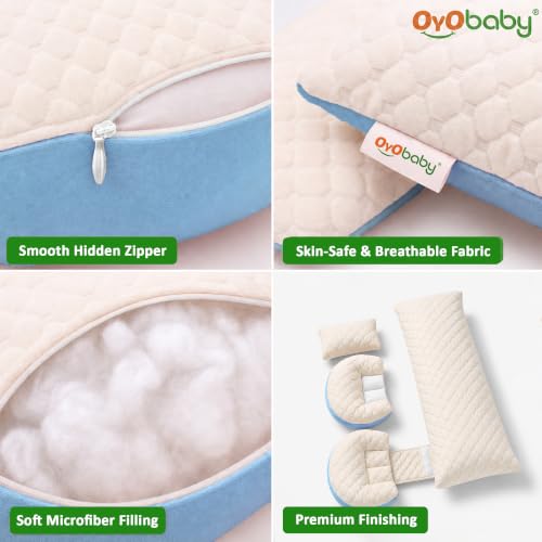Image of OYO BABY Premium Maternity Pillow Bundle | 4-Piece Full Body Pregnancy Pillow Set for Back, Belly, Hips and Leg Support | Adjustable Butterfly Design | Hypoallergenic Organic Cotton Cover - Blue