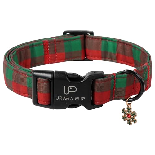 Image of Christmas Dog Collar, Red and Green Plaid Adjustable Pet Collar with Snowflake Charm, Holiday Dog Accessories for Small Medium Large Dogs