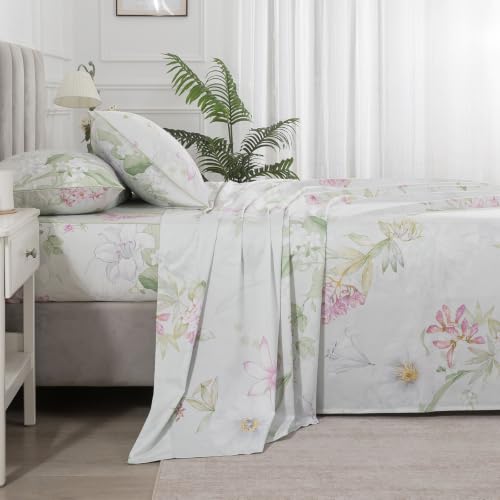 Image of Sage Green Vintage Floral Percale Sheets Full Size Deep Pocket | 100% Cotton Flower Leaf Farmhouse Sheet Set, Neutral Print Shabby Chic Bed Sheets, Luxury Designer Bedding, Soft Crisp, 4Pcs