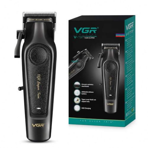 Image of VGR V-197 Professional Hair Clipper for Men | 7000 RPM High-Speed Motor | 200 Min Runtime | 2000mAh Lithium Battery | Ceramic & Stainless Steel Blade | USB Type-C Charging | LED Display | Adjustable Taper Lever | Corded & Cordless | 6 Guide Combs