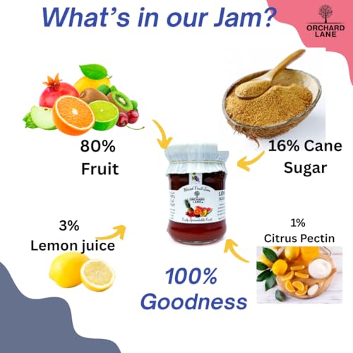 Image of Orchard Lane Healthy MIXED FRUIT Jam | Filled with Fresh Fruit- for healthy families- kids, breakfast, gym goers, only 10 calories per serving- Non Fattening jam | without chemicals, preservatives or artificial sugars- 120 gm Glass bottle | guarantee in case of breakage