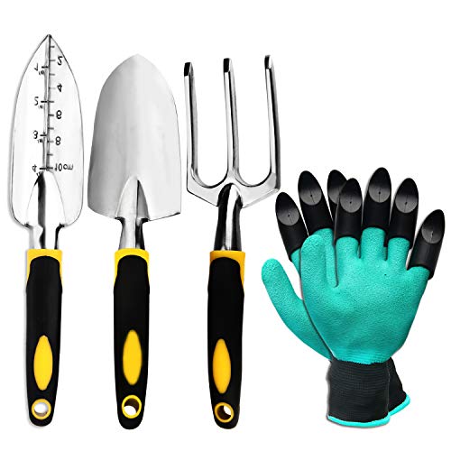 ZOUTOG Garden Tool Set, 4 Pack Gardening Gifts Including Trowel, Cultivator Hand Rake, Transplant Trowel, Gardening Gloves - for Weeding, Loosening Soil, Digging, Transplanting and More