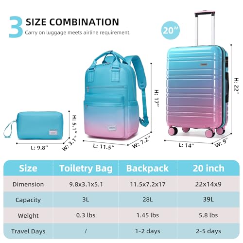 Image of LARVENDER Carry on Luggage 22x14x9 Airline Approved Hardshell Suitcase with Wheels TSA Lock, PC+ABS Lightweight Suitcase Set for Women with Travel Backpack, Cotton Candy, 3 Piece Set