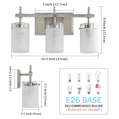 Image of 3-Light Brushed Nickel Vanity Light with White Linen Frosted Glass E26 Socket,Bathroom Light Fixture,Modern Wall Light Over Mirror(Bulbs Not Included)