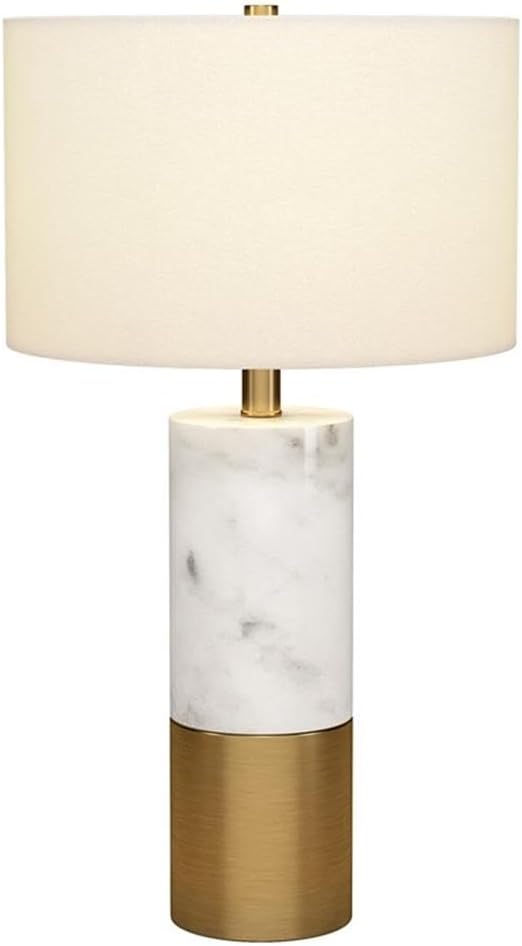 Pemberly Row 13" Table Lamp, Arabescato Marble Base with Brass Finish, White Drum Linen Shade, Glam Design, 23.75" Tall, 6 ft. Cord, Modern Lighting for Living Room, Bedroom, or Workspace
