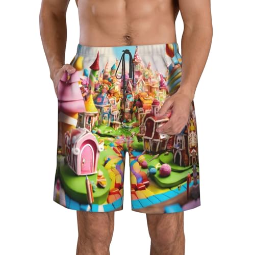 Candy Land Print Men's Swim Trunks | Quick Dry Drawstring Beach Shorts
