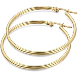 Aros Dorados Mujer JewelryWe Pendientes de Aros Grande Circulos Huggies, Acero Inoxidable Pendientes de Mujer Dorados, Retro Vintage Pendientes Grandes Diseño Elegante 34mm