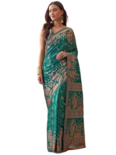 Image of Satrani Women's Crepe Foil Printed Weaving Banarasi Saree with Unstitched Blouse Piece