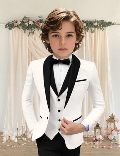 Image of Tuxedo Suits for Boys 3 Pieces Slim Fit Boys Formal Suit Dresswear Ring Bearer Outfit Blazer Vest Pants for Wedding Grooms