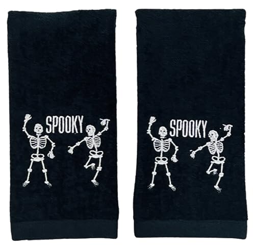 Serafina Home Halloween Bathroom Fingertip Towels – Set of 2 Soft Black Velour Cotton Dancing Skeletons & Ghosts – 12