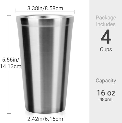 KXCFCYS Stainless Steel Cups 16 oz, 4 Pack Stainless Steel Tumbler Stackable Double Wall Vacuum Insulated Metal Drinking Glasses