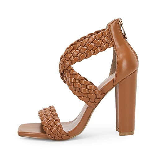 Ermonn Women's Square Toe Heeled Sandals Crisscross Braided Strap Chunky High Heel Zipper Wedding Dress Pump #TOP1