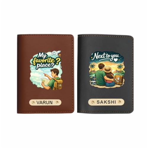 Image of Customized Couple Printed Passport Cover Gift Set 2 Pcs | Personalised Leather Travel Gift for Husband Wife, Boyfriend Girlfriend | Customised Valentine's Day Gift Set (Design 5)