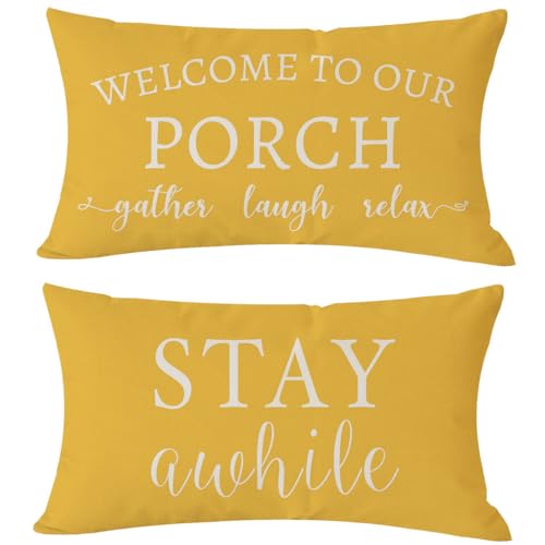 PANDICORN Welcome to Our Porch Stay Awhile Yellow Farmhouse Outdoor