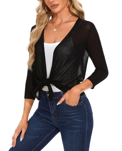 Image of MINTLIMIT Women's Tie Front Cardigan Casual 3 /4 Sleeve Bolero Shrug Knotted Lightweight Sheer Shrug Cardigan Sweater Top
