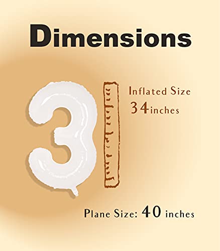 Image of SUWEN 40 Inch White Large 3 Balloon Number Big Foil Helium Number Balloons 0-9 Giant Jumbo Happy 3rd Birthday Party Decorations for Men or Women Huge Mylar Anniversary Party Supplies